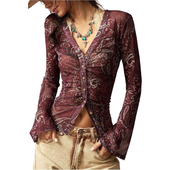 Tops - Women's Vintage Boho Paisley Button Down T Shirt V Neck Long Sleeve Fitted
